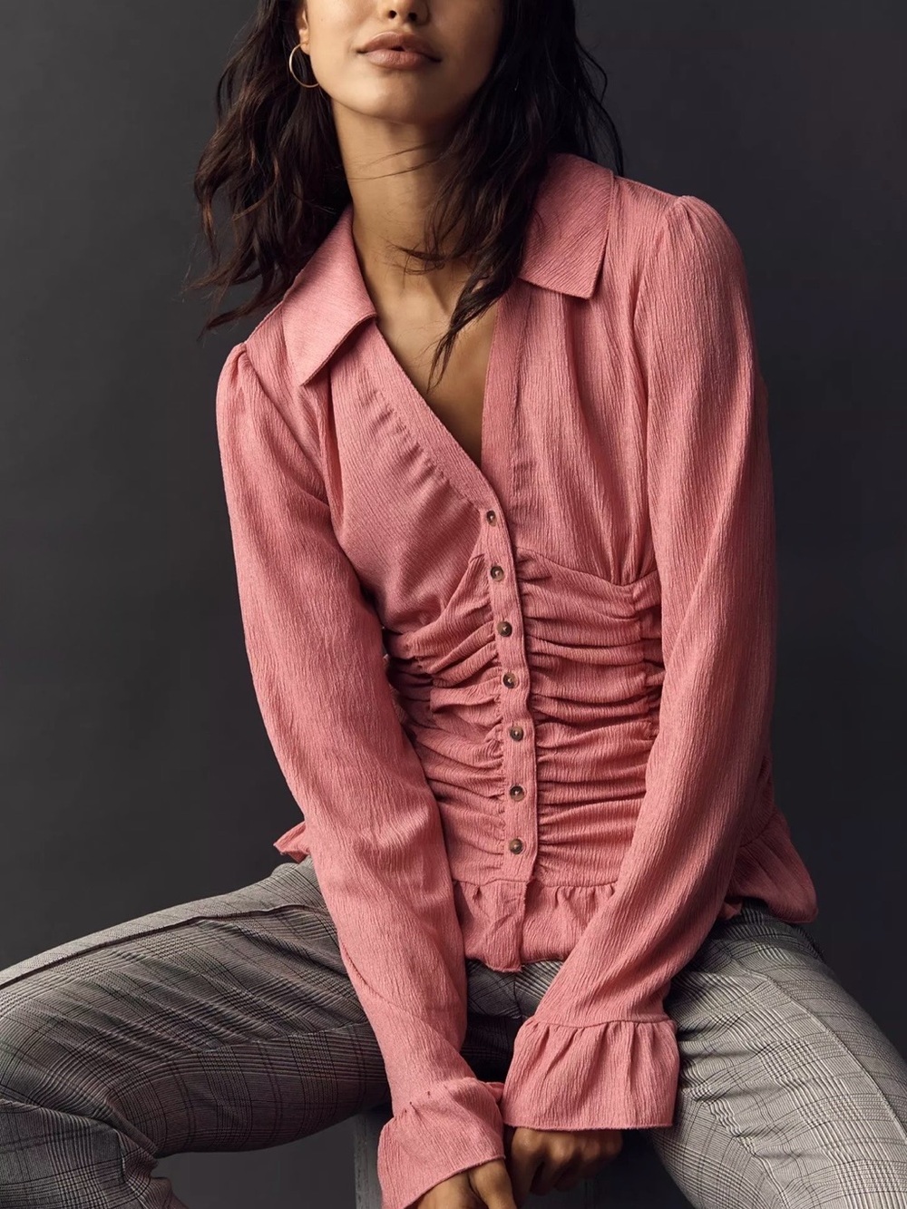 Anthropologie Maeve Pink Ruched Ruffle Button Front Blouse Top NWT Size M